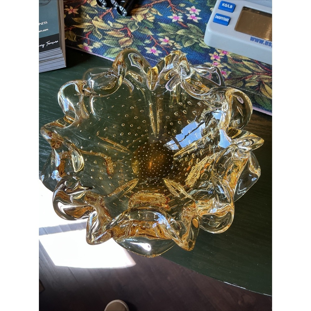 Vintage 7" Murano Bullicante Double Ruffled Yellow Glass Bowl/Dish